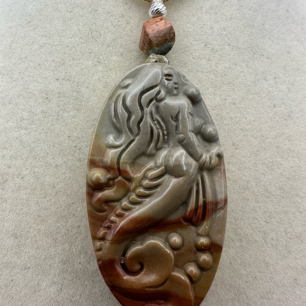 Polychrome Jasper Oval Mermaid Carving Pendant on Adjustable Rope with Silver - Picture 3 of 12